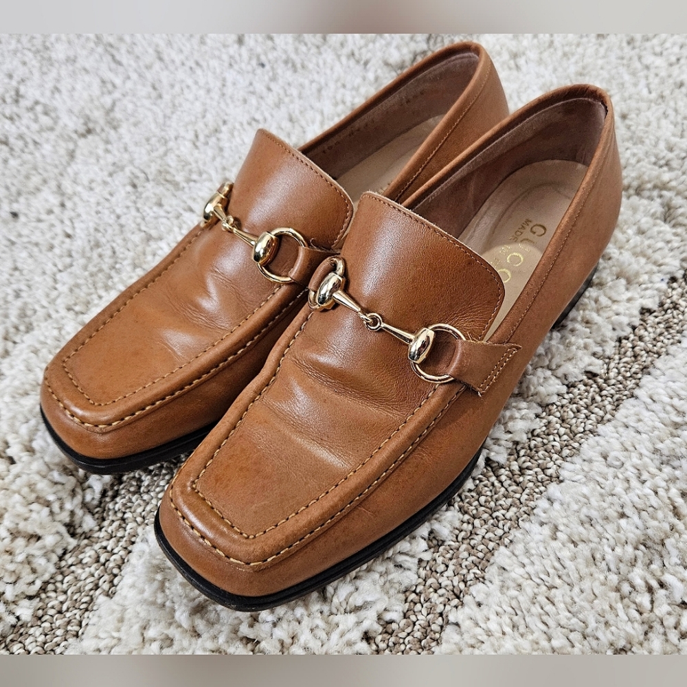 Authentic Gucci Horsebit Shoes Loafers in Tan/Brown and Gold Leather US Size 6